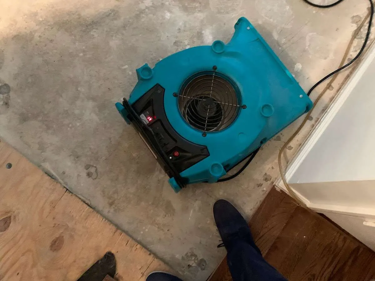 Air mover drying subfloor during Commercial Water Damage Restoration in St. Peter